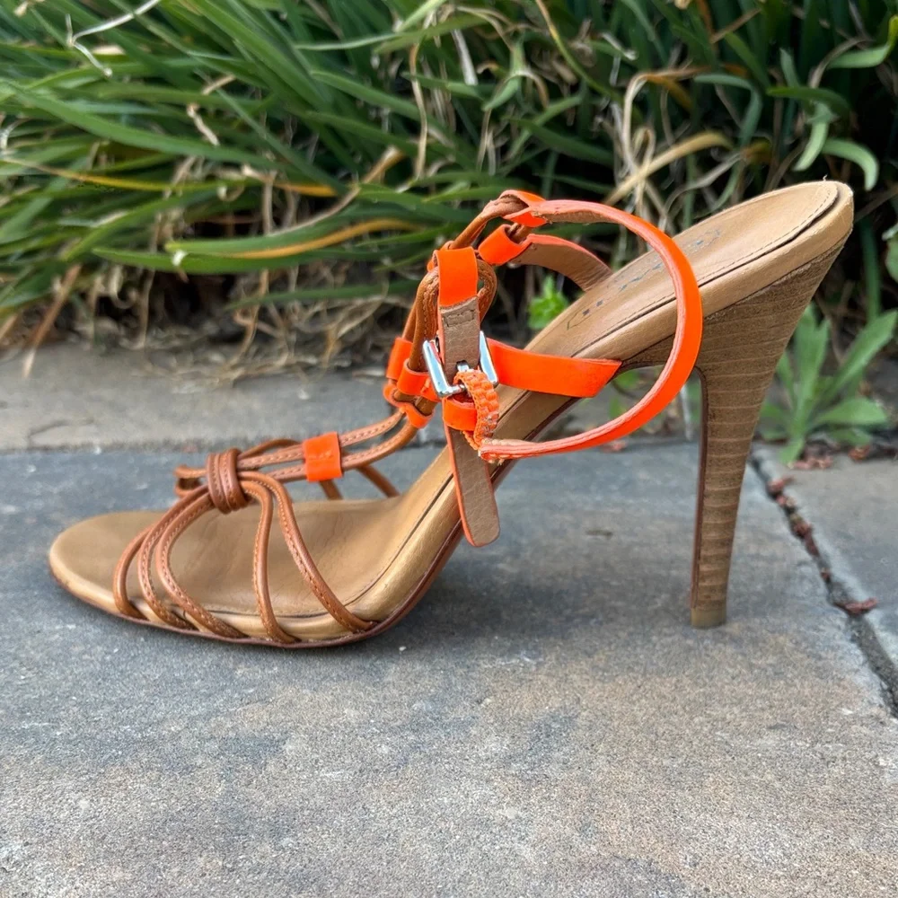 Coach Women's Lana Leather Tan and Orange Strappy Heels‎
